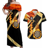 Flaming Dartboard Darts Couples Matching Off Shoulder Maxi Dress and Hawaiian Shirt Personalized Bold Geometric Patterns - Wonder Print Shop