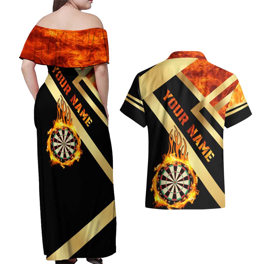 Flaming Dartboard Darts Couples Matching Off Shoulder Maxi Dress and Hawaiian Shirt Personalized Bold Geometric Patterns - Wonder Print Shop