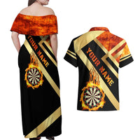 Flaming Dartboard Darts Couples Matching Off Shoulder Maxi Dress and Hawaiian Shirt Personalized Bold Geometric Patterns - Wonder Print Shop