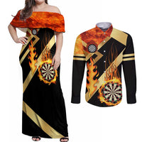 Flaming Dartboard Darts Couples Matching Off Shoulder Maxi Dress and Long Sleeve Button Shirt Personalized Bold Geometric Patterns - Wonder Print Shop
