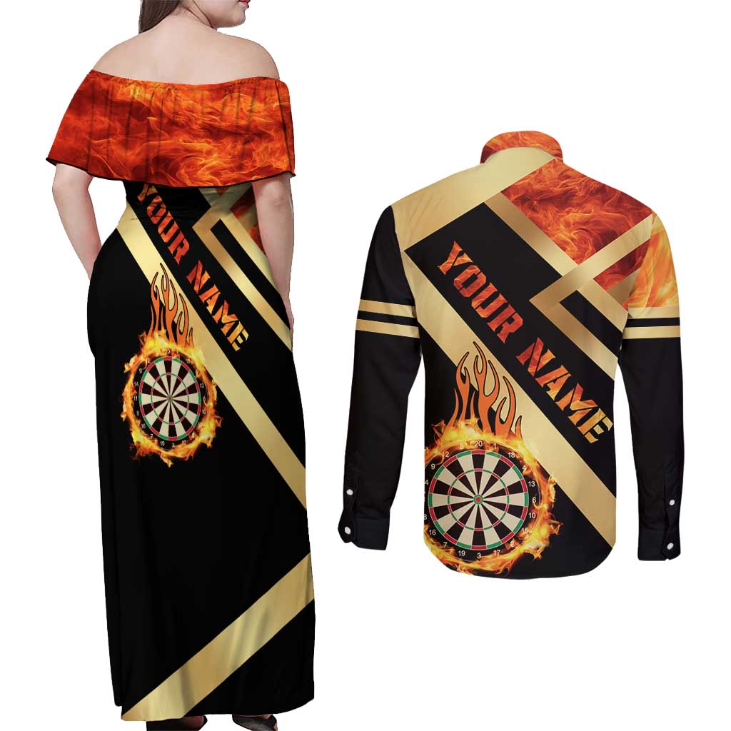 Flaming Dartboard Darts Couples Matching Off Shoulder Maxi Dress and Long Sleeve Button Shirt Personalized Bold Geometric Patterns - Wonder Print Shop