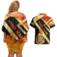 Flaming Dartboard Darts Couples Matching Off Shoulder Short Dress and Hawaiian Shirt Personalized Bold Geometric Patterns - Wonder Print Shop