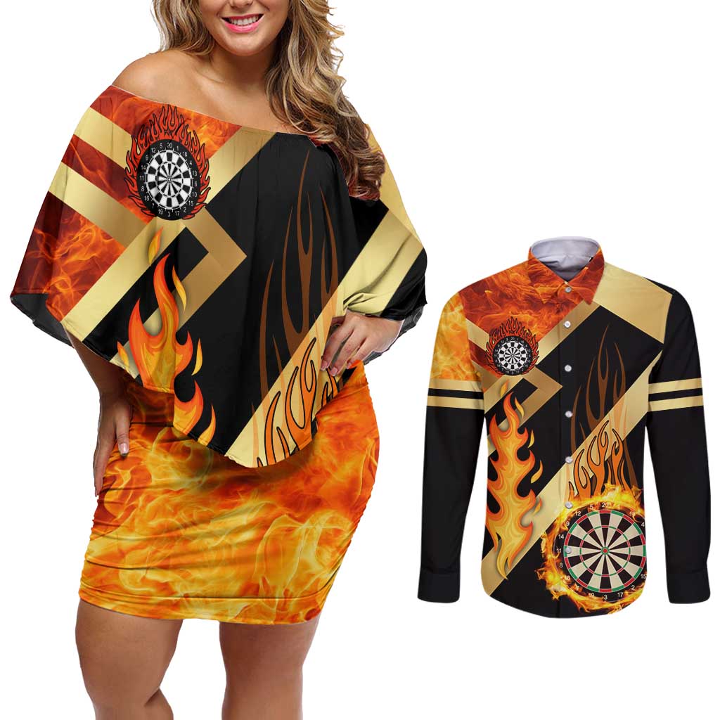 Flaming Dartboard Darts Couples Matching Off Shoulder Short Dress and Long Sleeve Button Shirt Personalized Bold Geometric Patterns - Wonder Print Shop