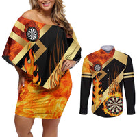Flaming Dartboard Darts Couples Matching Off Shoulder Short Dress and Long Sleeve Button Shirt Personalized Bold Geometric Patterns - Wonder Print Shop