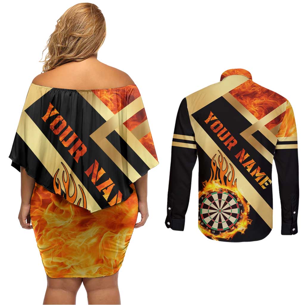 Flaming Dartboard Darts Couples Matching Off Shoulder Short Dress and Long Sleeve Button Shirt Personalized Bold Geometric Patterns - Wonder Print Shop