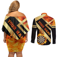 Flaming Dartboard Darts Couples Matching Off Shoulder Short Dress and Long Sleeve Button Shirt Personalized Bold Geometric Patterns - Wonder Print Shop
