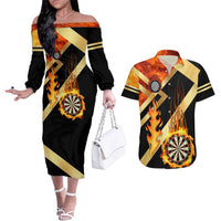 Flaming Dartboard Darts Couples Matching Off The Shoulder Long Sleeve Dress and Hawaiian Shirt Personalized Bold Geometric Patterns - Wonder Print Shop