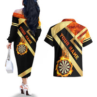 Flaming Dartboard Darts Couples Matching Off The Shoulder Long Sleeve Dress and Hawaiian Shirt Personalized Bold Geometric Patterns - Wonder Print Shop