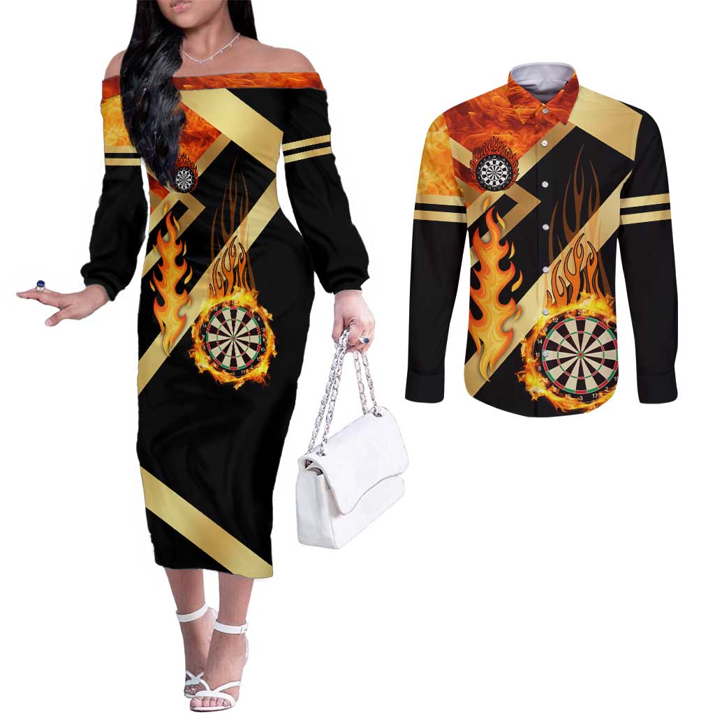 Flaming Dartboard Darts Couples Matching Off The Shoulder Long Sleeve Dress and Long Sleeve Button Shirt Personalized Bold Geometric Patterns - Wonder Print Shop
