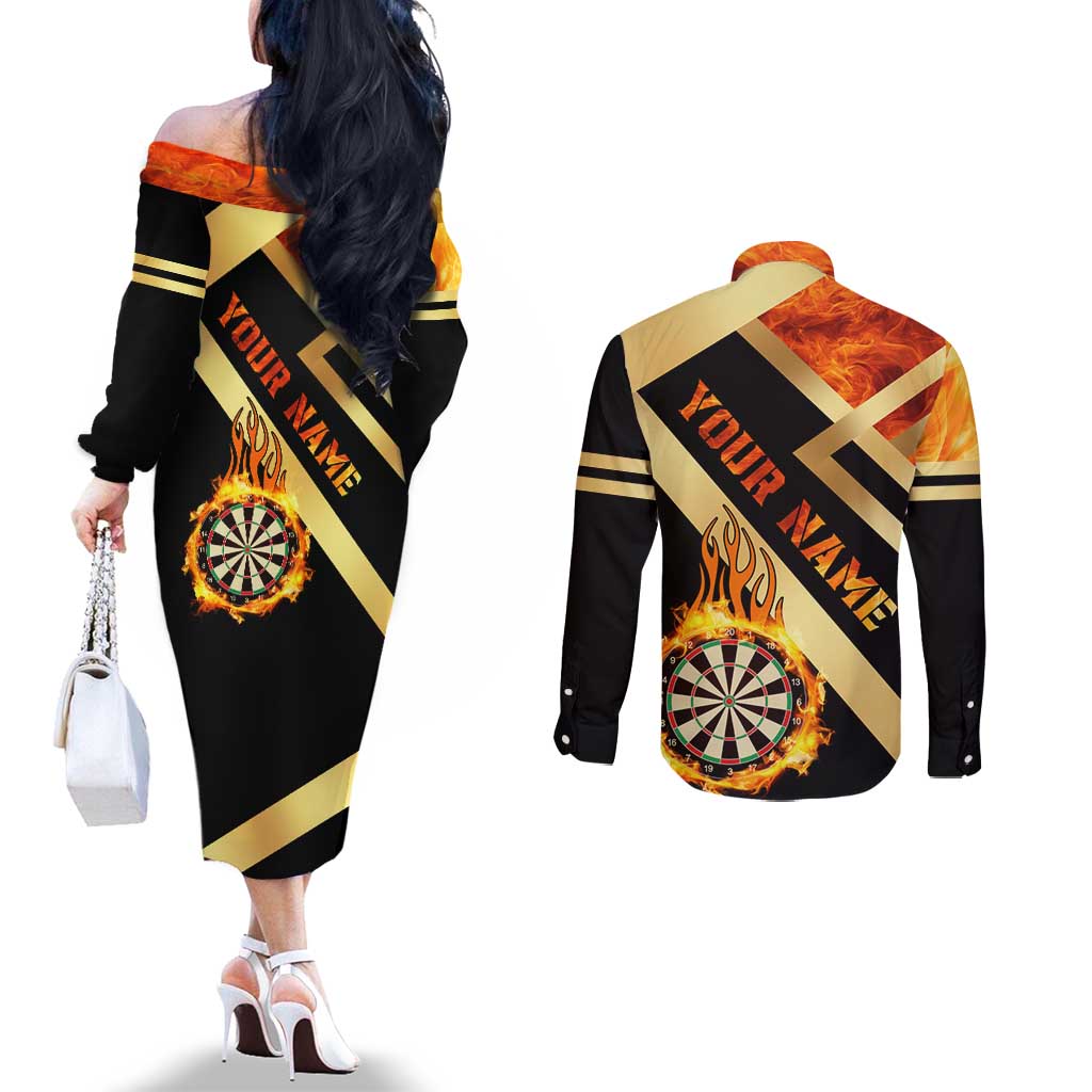 Flaming Dartboard Darts Couples Matching Off The Shoulder Long Sleeve Dress and Long Sleeve Button Shirt Personalized Bold Geometric Patterns - Wonder Print Shop