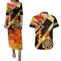 Flaming Dartboard Darts Couples Matching Puletasi and Hawaiian Shirt Personalized Bold Geometric Patterns - Wonder Print Shop
