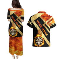 Flaming Dartboard Darts Couples Matching Puletasi and Hawaiian Shirt Personalized Bold Geometric Patterns - Wonder Print Shop