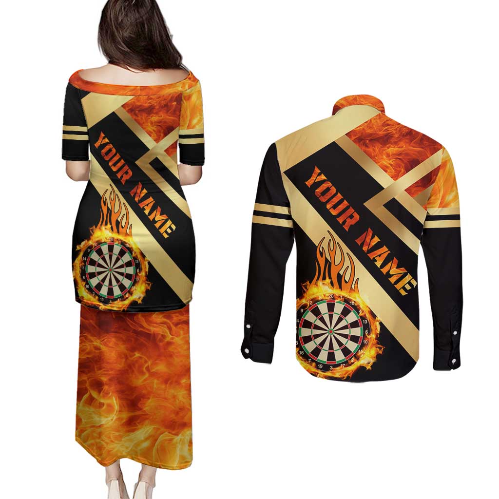 Flaming Dartboard Darts Couples Matching Puletasi and Long Sleeve Button Shirt Personalized Bold Geometric Patterns - Wonder Print Shop