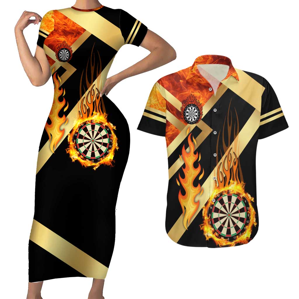 Flaming Dartboard Darts Couples Matching Short Sleeve Bodycon Dress and Hawaiian Shirt Personalized Bold Geometric Patterns - Wonder Print Shop