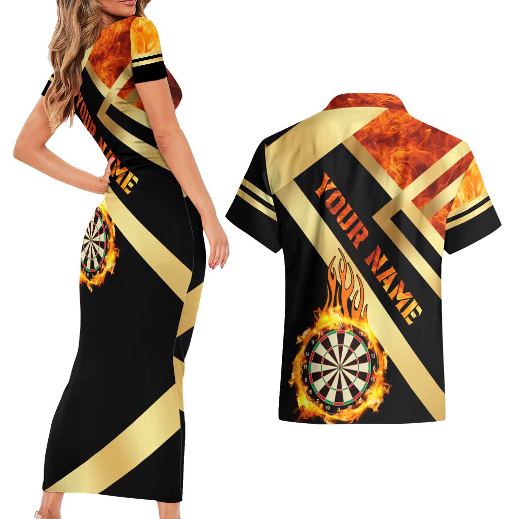Flaming Dartboard Darts Couples Matching Short Sleeve Bodycon Dress and Hawaiian Shirt Personalized Bold Geometric Patterns - Wonder Print Shop