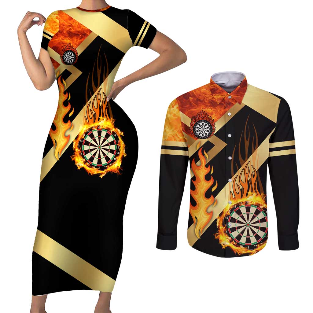 Flaming Dartboard Darts Couples Matching Short Sleeve Bodycon Dress and Long Sleeve Button Shirt Personalized Bold Geometric Patterns - Wonder Print Shop