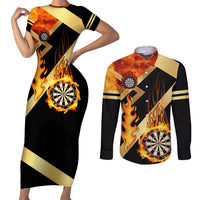 Flaming Dartboard Darts Couples Matching Short Sleeve Bodycon Dress and Long Sleeve Button Shirt Personalized Bold Geometric Patterns - Wonder Print Shop