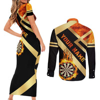 Flaming Dartboard Darts Couples Matching Short Sleeve Bodycon Dress and Long Sleeve Button Shirt Personalized Bold Geometric Patterns - Wonder Print Shop