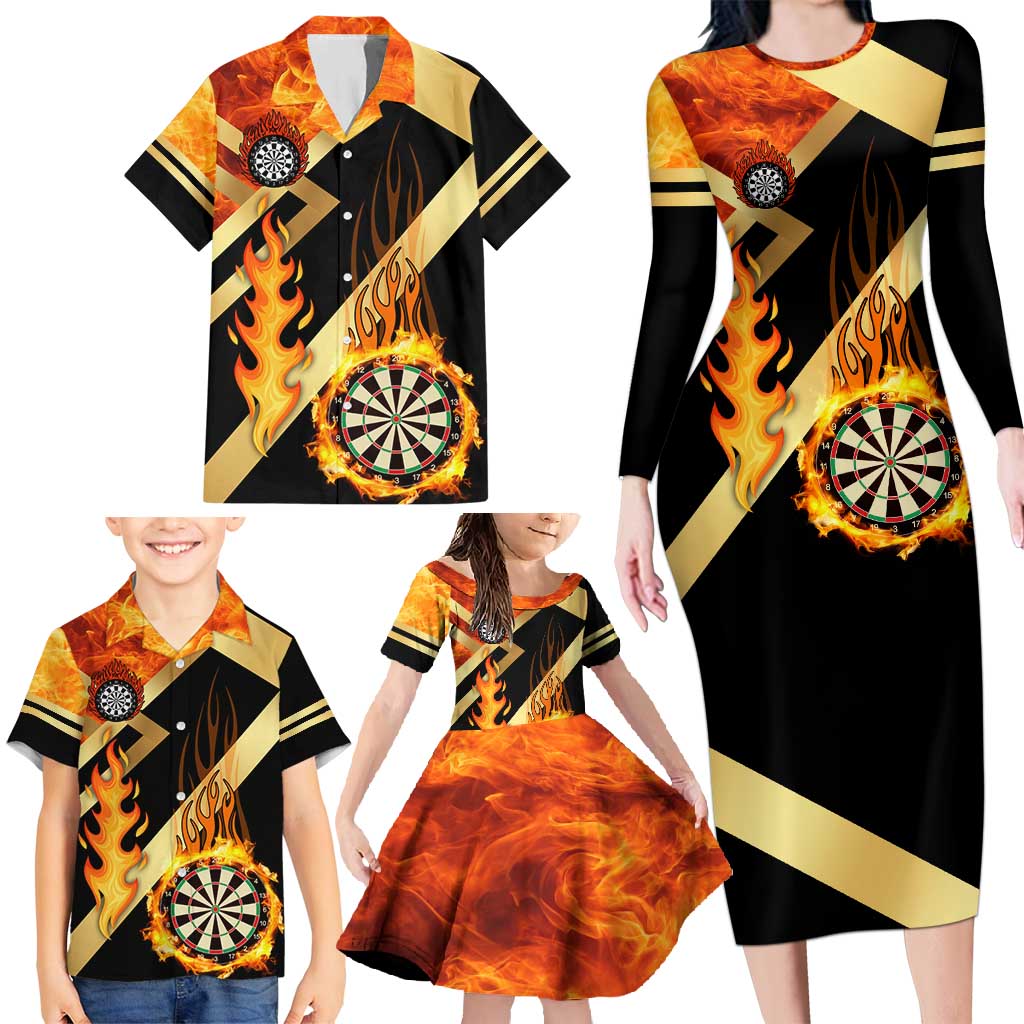 Flaming Dartboard Darts Family Matching Long Sleeve Bodycon Dress and Hawaiian Shirt Personalized Bold Geometric Patterns - Wonder Print Shop