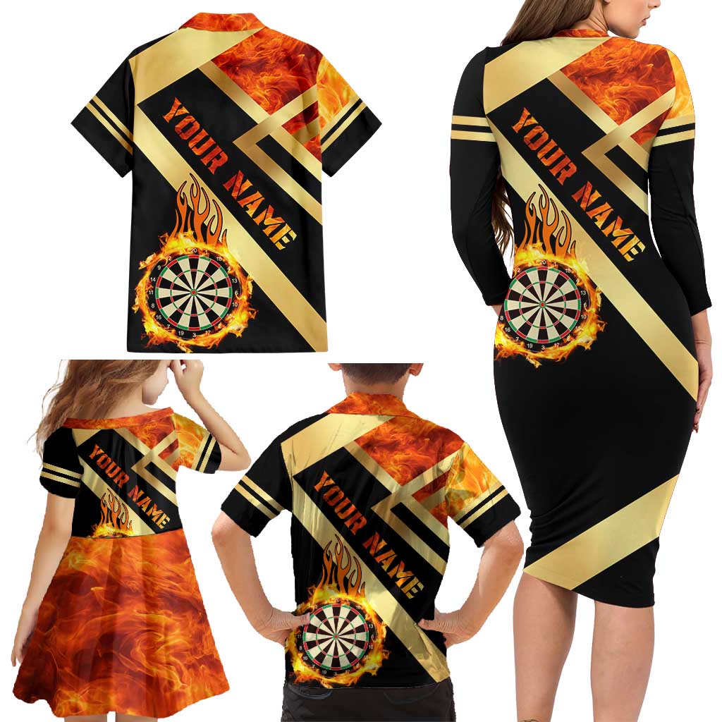 Flaming Dartboard Darts Family Matching Long Sleeve Bodycon Dress and Hawaiian Shirt Personalized Bold Geometric Patterns - Wonder Print Shop