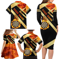 Flaming Dartboard Darts Family Matching Long Sleeve Bodycon Dress and Hawaiian Shirt Personalized Bold Geometric Patterns - Wonder Print Shop