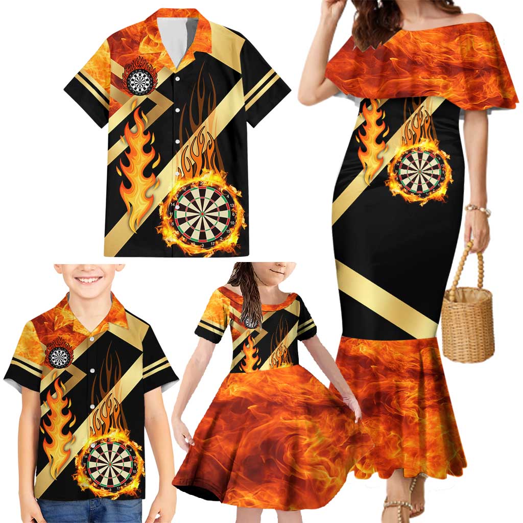Flaming Dartboard Darts Family Matching Mermaid Dress and Hawaiian Shirt Personalized Bold Geometric Patterns - Wonder Print Shop