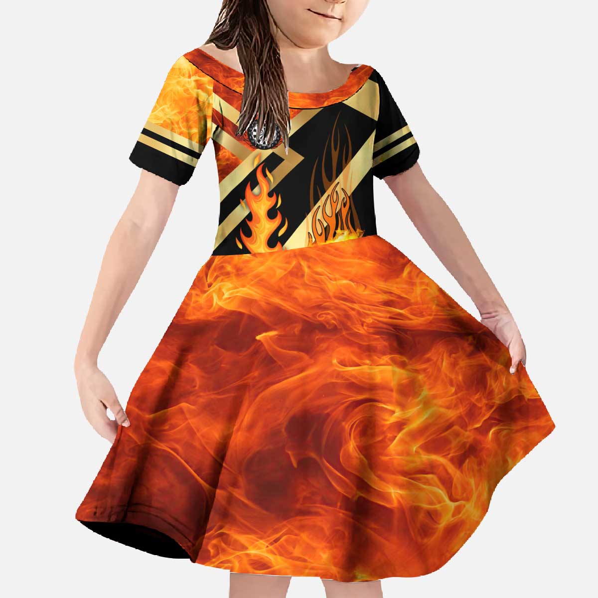 Flaming Dartboard Darts Family Matching Off The Shoulder Long Sleeve Dress and Hawaiian Shirt Personalized Bold Geometric Patterns - Wonder Print Shop