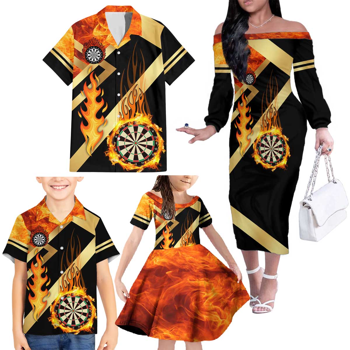 Flaming Dartboard Darts Family Matching Off The Shoulder Long Sleeve Dress and Hawaiian Shirt Personalized Bold Geometric Patterns - Wonder Print Shop