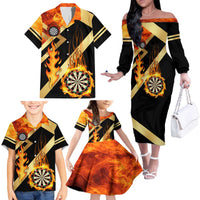 Flaming Dartboard Darts Family Matching Off The Shoulder Long Sleeve Dress and Hawaiian Shirt Personalized Bold Geometric Patterns - Wonder Print Shop