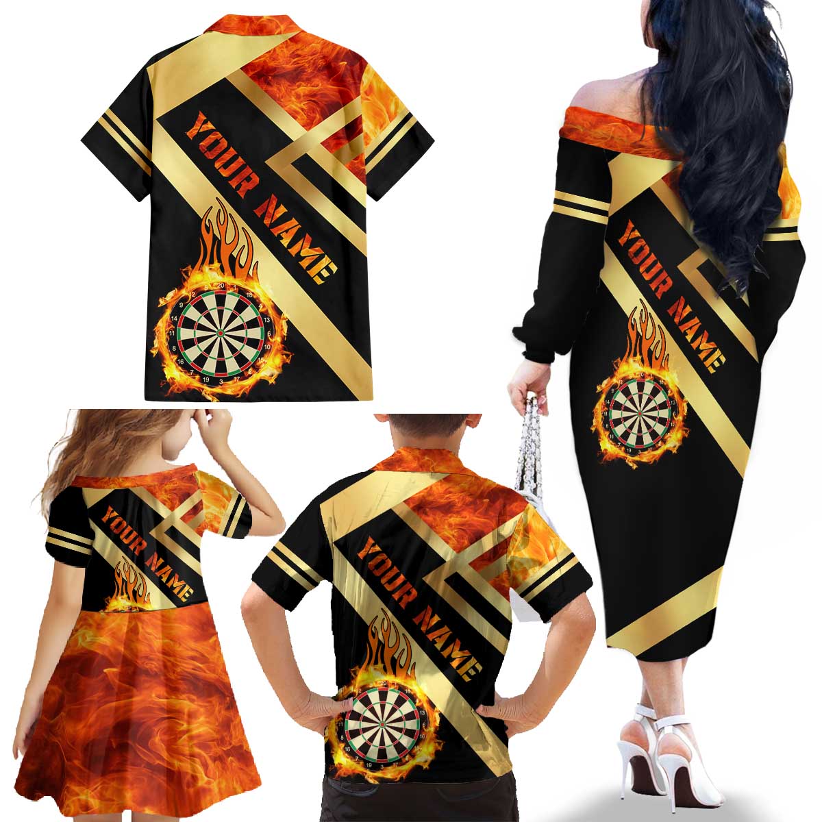 Flaming Dartboard Darts Family Matching Off The Shoulder Long Sleeve Dress and Hawaiian Shirt Personalized Bold Geometric Patterns - Wonder Print Shop