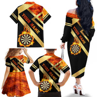 Flaming Dartboard Darts Family Matching Off The Shoulder Long Sleeve Dress and Hawaiian Shirt Personalized Bold Geometric Patterns - Wonder Print Shop