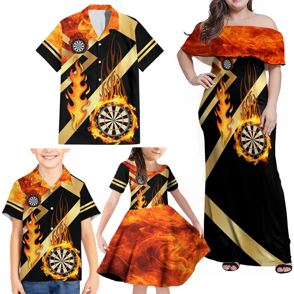 Flaming Dartboard Darts Family Matching Off Shoulder Maxi Dress and Hawaiian Shirt Personalized Bold Geometric Patterns - Wonder Print Shop