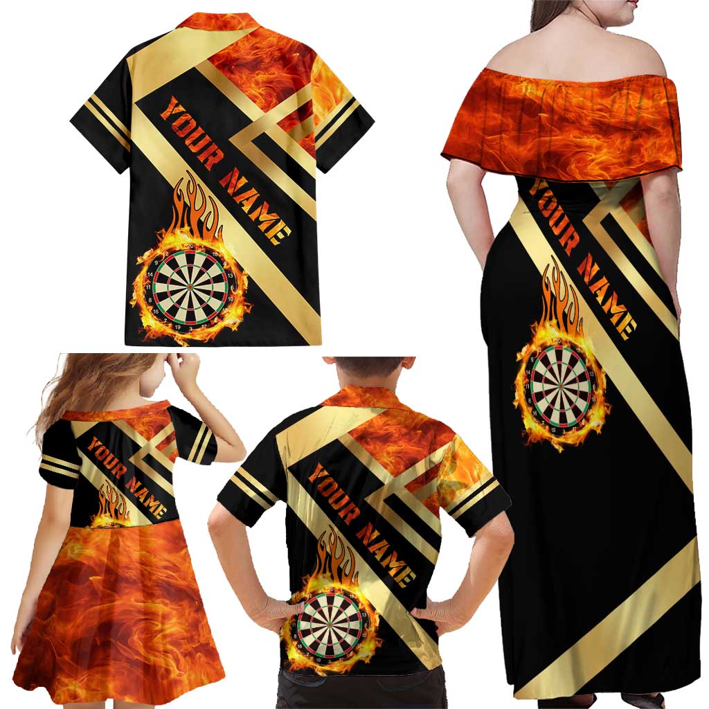 Flaming Dartboard Darts Family Matching Off Shoulder Maxi Dress and Hawaiian Shirt Personalized Bold Geometric Patterns - Wonder Print Shop