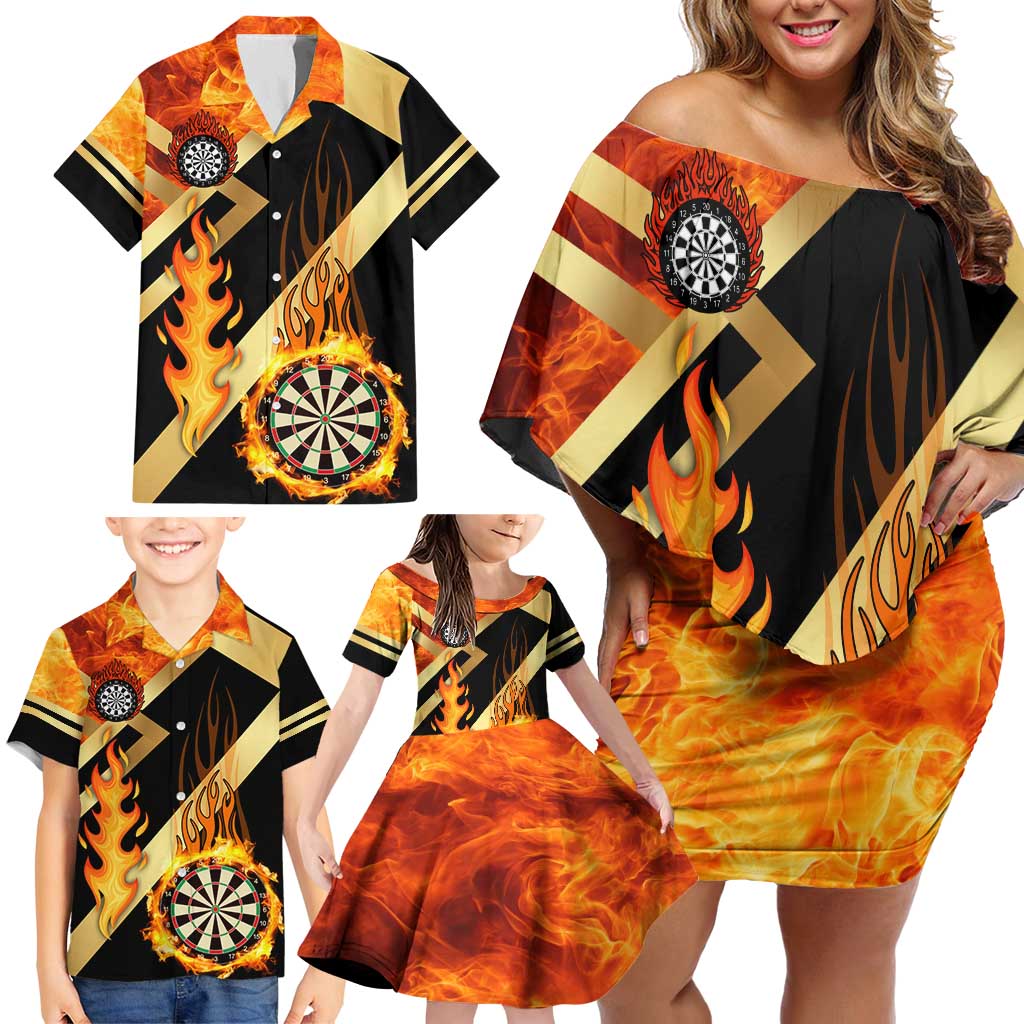 Flaming Dartboard Darts Family Matching Off Shoulder Short Dress and Hawaiian Shirt Personalized Bold Geometric Patterns - Wonder Print Shop