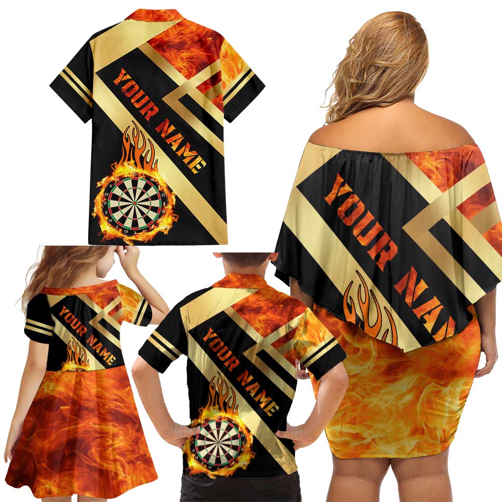Flaming Dartboard Darts Family Matching Off Shoulder Short Dress and Hawaiian Shirt Personalized Bold Geometric Patterns - Wonder Print Shop