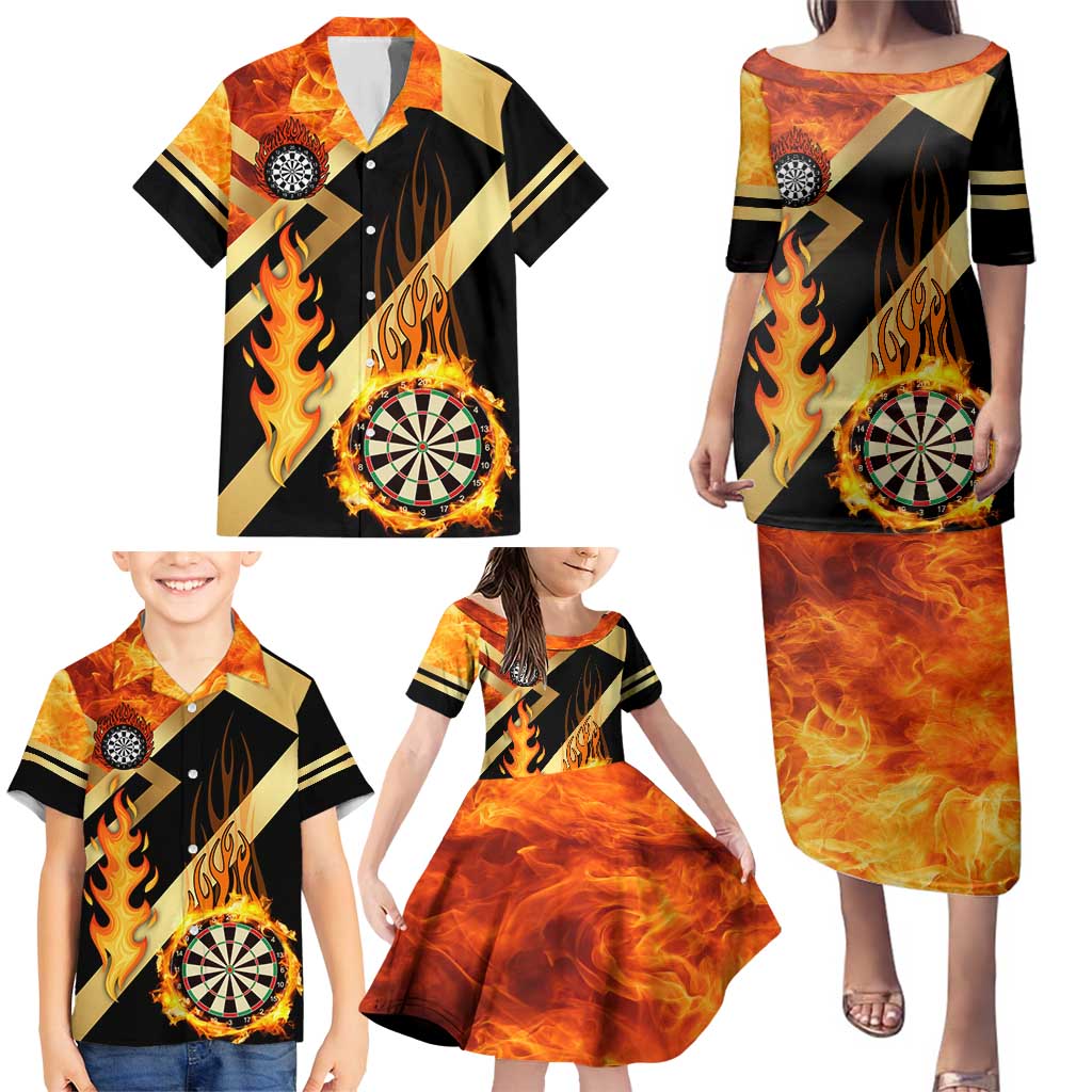 Flaming Dartboard Darts Family Matching Puletasi and Hawaiian Shirt Personalized Bold Geometric Patterns - Wonder Print Shop