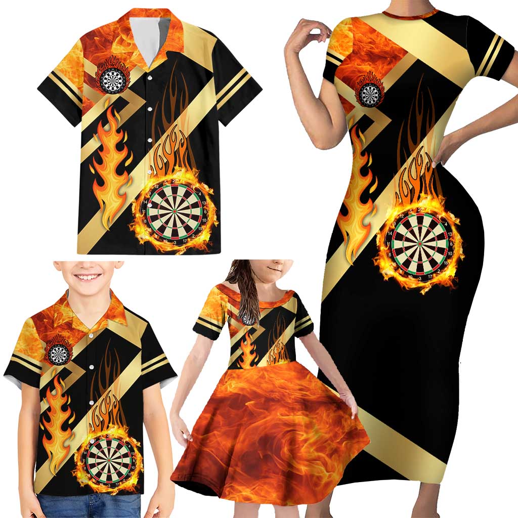 Flaming Dartboard Darts Family Matching Short Sleeve Bodycon Dress and Hawaiian Shirt Personalized Bold Geometric Patterns - Wonder Print Shop