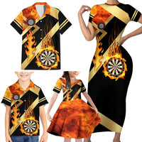 Flaming Dartboard Darts Family Matching Short Sleeve Bodycon Dress and Hawaiian Shirt Personalized Bold Geometric Patterns - Wonder Print Shop