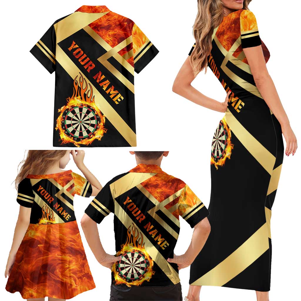 Flaming Dartboard Darts Family Matching Short Sleeve Bodycon Dress and Hawaiian Shirt Personalized Bold Geometric Patterns - Wonder Print Shop