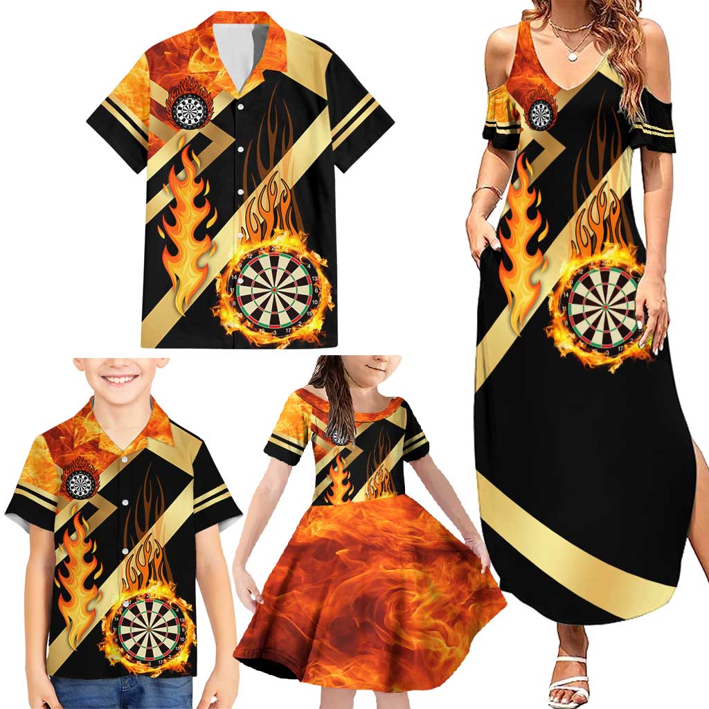 Flaming Dartboard Darts Family Matching Summer Maxi Dress and Hawaiian Shirt Personalized Bold Geometric Patterns - Wonder Print Shop