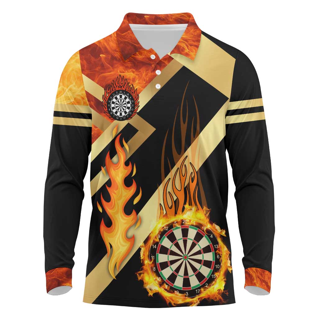 Flaming Dartboard Darts Long Sleeve Polo Shirt Personalized Bold Geometric Patterns - Wonder Print Shop