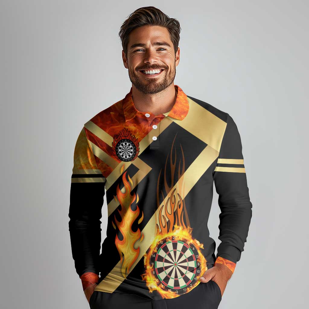Flaming Dartboard Darts Long Sleeve Polo Shirt Personalized Bold Geometric Patterns - Wonder Print Shop