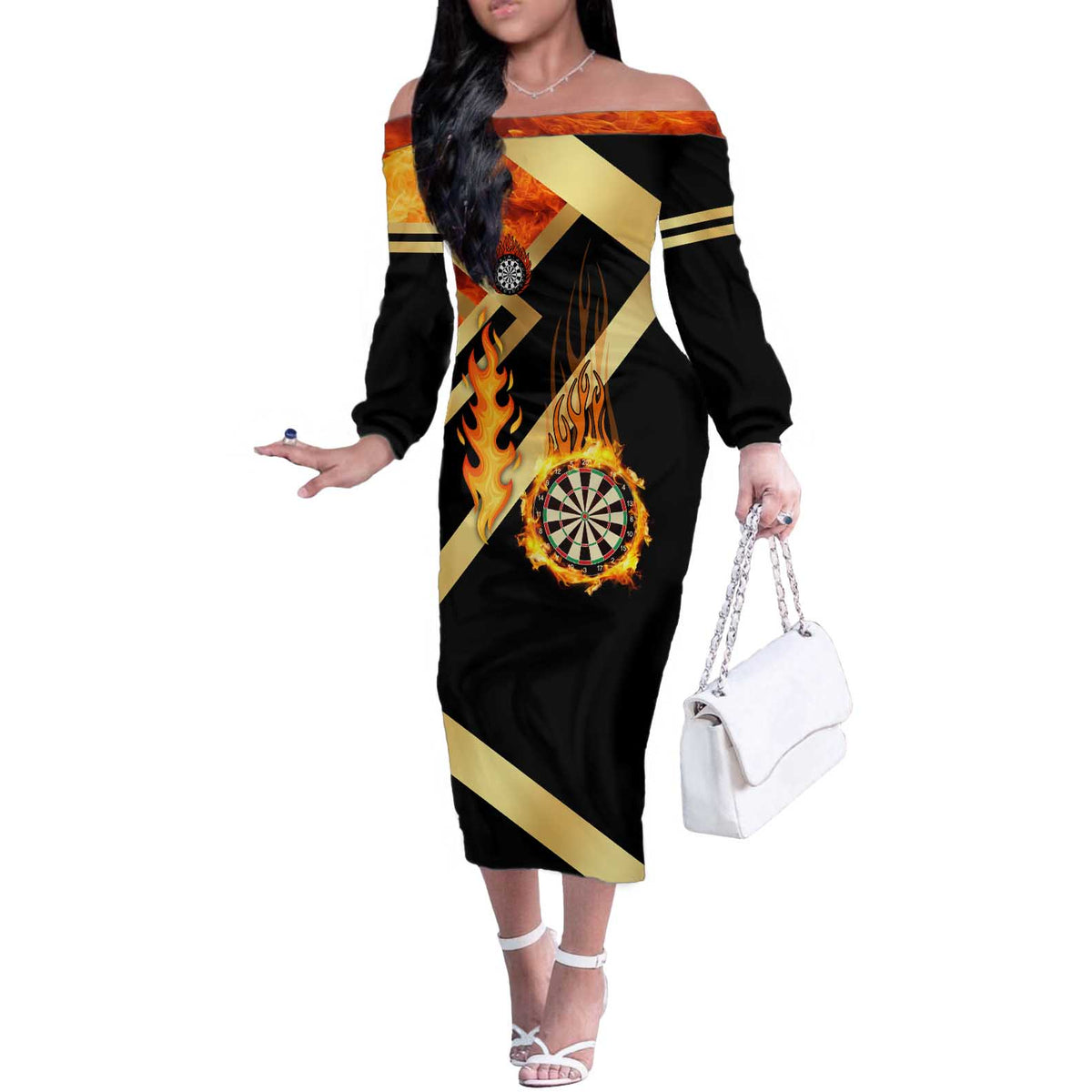 Flaming Dartboard Darts Off The Shoulder Long Sleeve Dress Personalized Bold Geometric Patterns - Wonder Print Shop