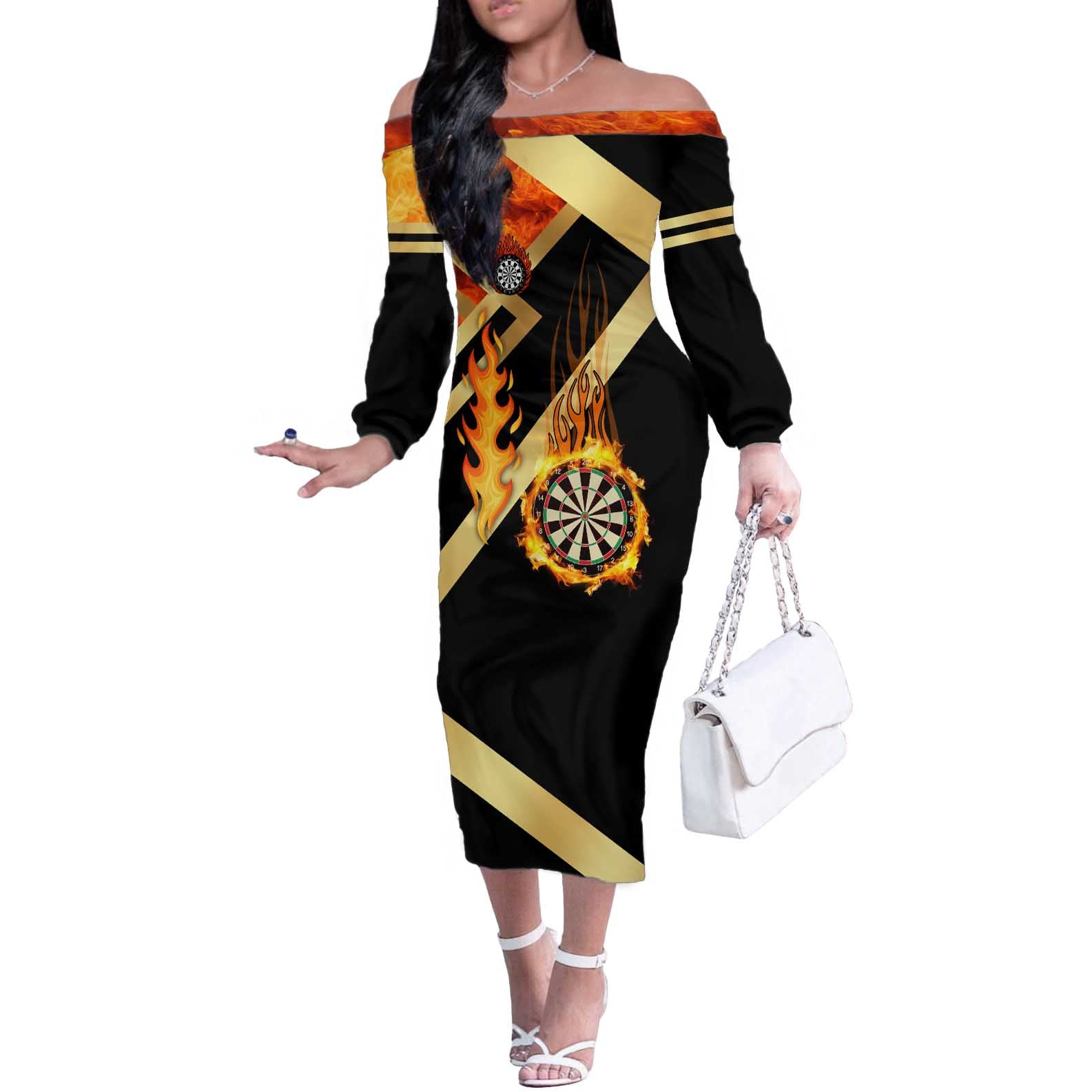 Flaming Dartboard Darts Off The Shoulder Long Sleeve Dress Personalized Bold Geometric Patterns - Wonder Print Shop