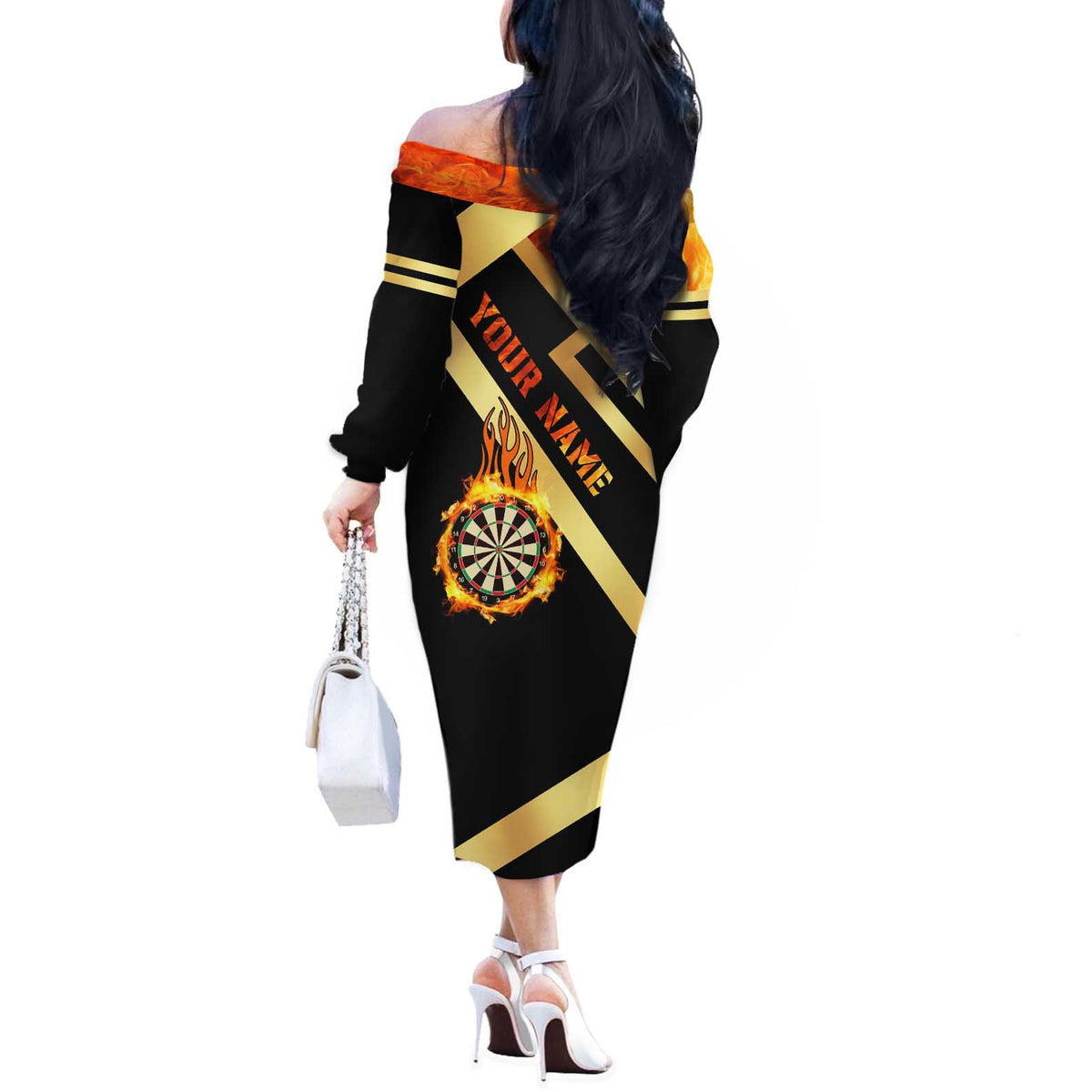 Flaming Dartboard Darts Off The Shoulder Long Sleeve Dress Personalized Bold Geometric Patterns - Wonder Print Shop