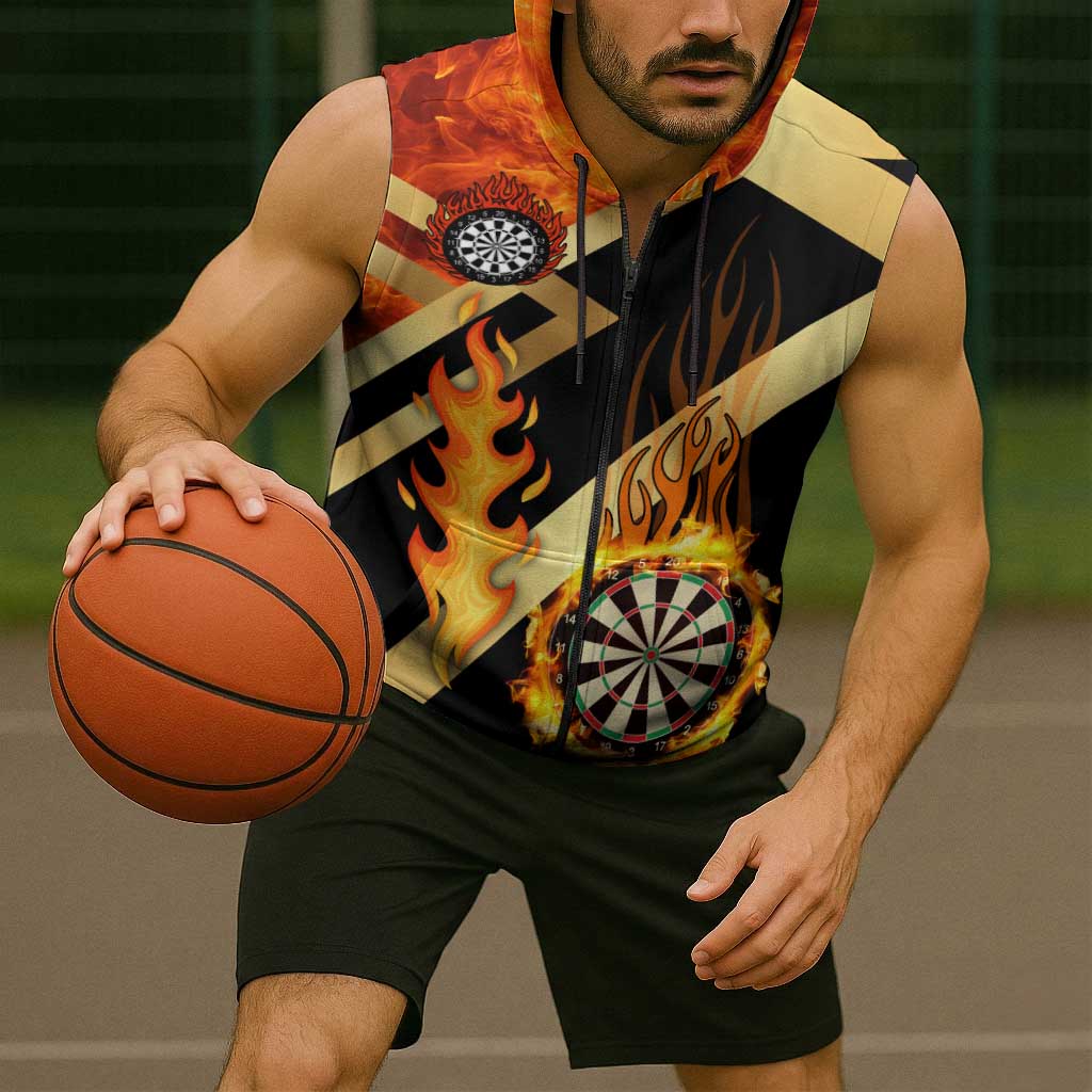 Flaming Dartboard Darts Sleeveless Zip Hoodie Personalized Bold Geometric Patterns - Wonder Print Shop