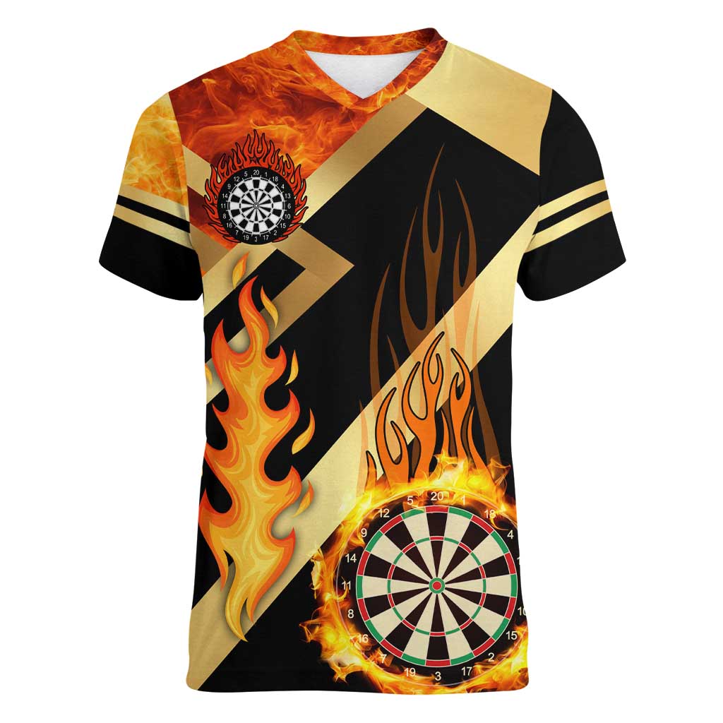 Flaming Dartboard Darts Women V-Neck T-Shirt Personalized Bold Geometric Patterns - Wonder Print Shop