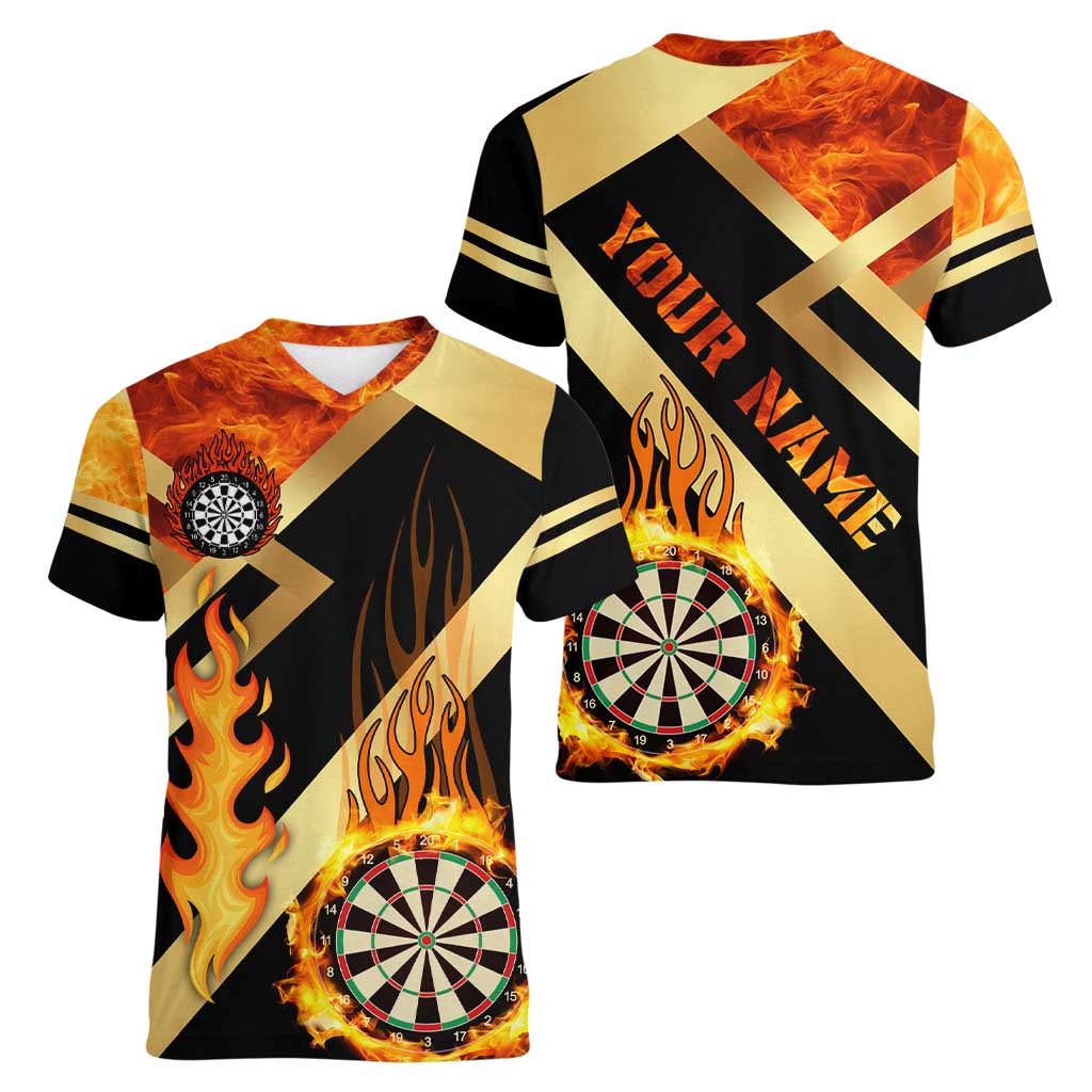 Flaming Dartboard Darts Women V-Neck T-Shirt Personalized Bold Geometric Patterns - Wonder Print Shop