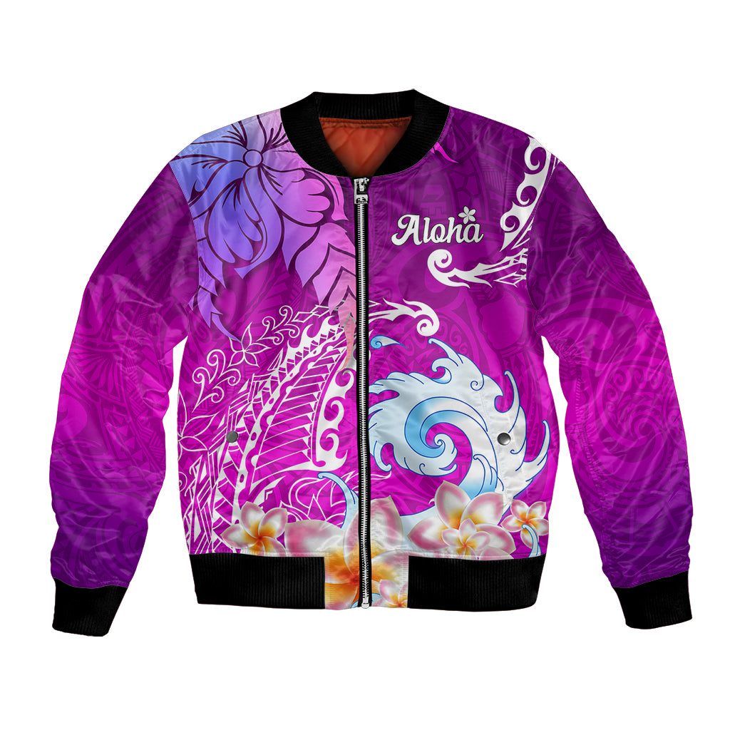 Hawaii Plumeria Flower Bomber Jacket Plumeria FLowers And Polynesian Pattern - Wonder Print Shop