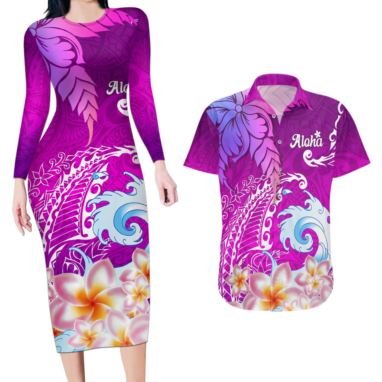 Hawaii Plumeria Flower Couples Matching Long Sleeve Bodycon Dress and Hawaiian Shirt Plumeria FLowers And Polynesian Pattern - Wonder Print Shop